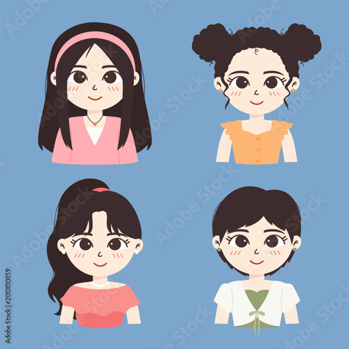 Flat illustration of a cute and adorable young woman with various hairstyles and clothes.