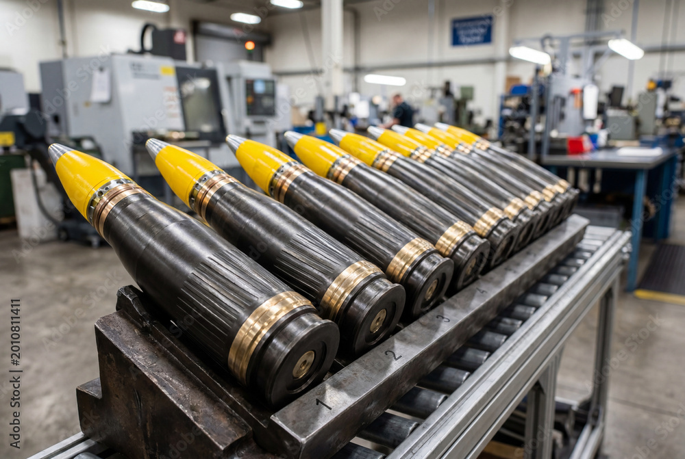 Fototapeta premium Row of manufactured artillery shells with yellow tips on a factory assembly line