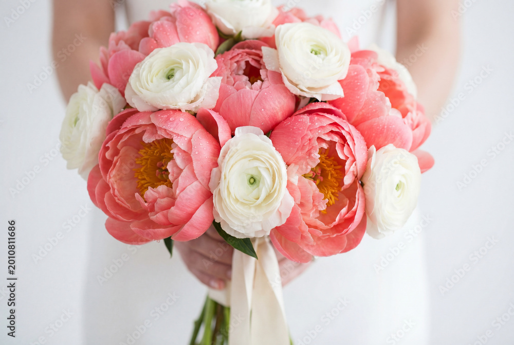 Obraz premium Elegant wedding bouquet of coral peonies and white ranunculus held by bride