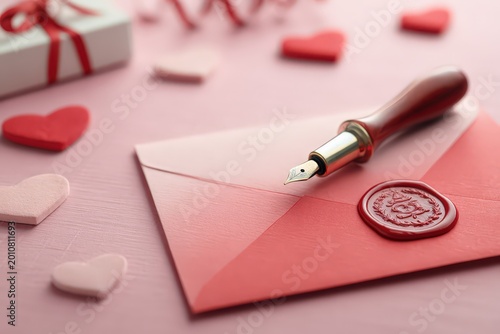Romantic Red Envelope with Wax Seal and Fountain Pen