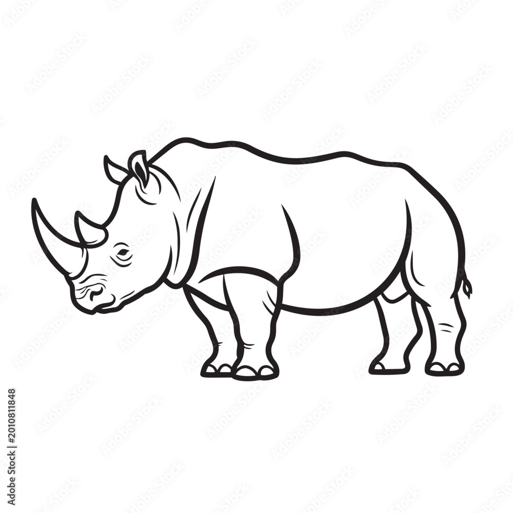 Fototapeta premium Black and white line art sketch of a standing rhinoceros side view with wildlife