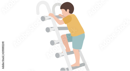 Foto Boy climbing up a white ladder.
