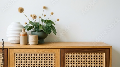 Wooden cabinet and accessories decor in living room interior on empty white wall background