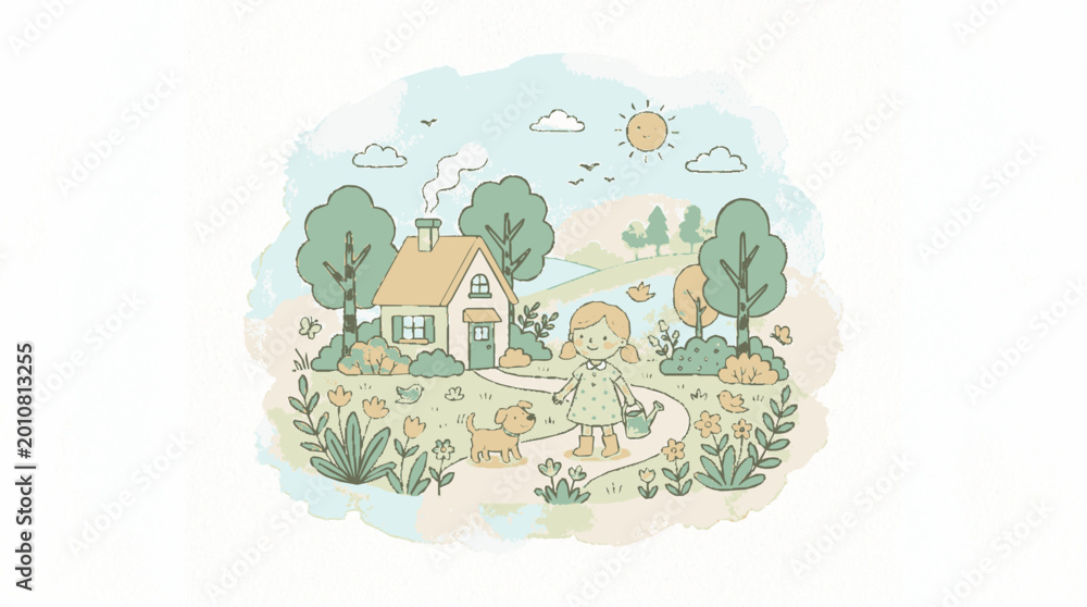 Fototapeta premium A heartwarming illustration featuring a girl, dog, and house in a charming landscape