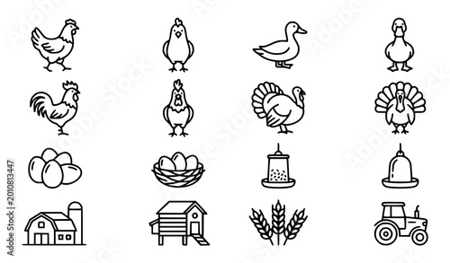 Poultry farm monoline icon set with chickens ducks turkeys and roosters for organic agriculture vector collection