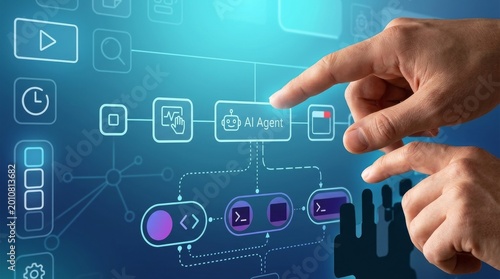 Hand pointing at digital workflow interface with AI agent node, process flow diagram, and connected system icons, representing automation workflow, data integration, and intelligent system operation 