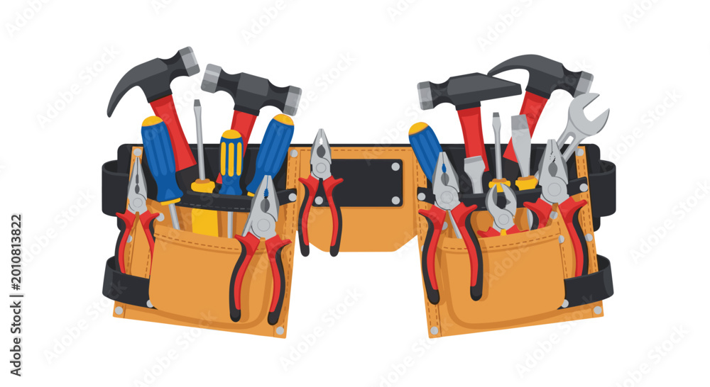 Naklejka premium A heavy-duty leather tool belt is shown fully loaded with hammers, screwdrivers, pliers, and a wrench on a white background.