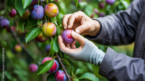 A person is picking plums from a tree in an orchard with their hands