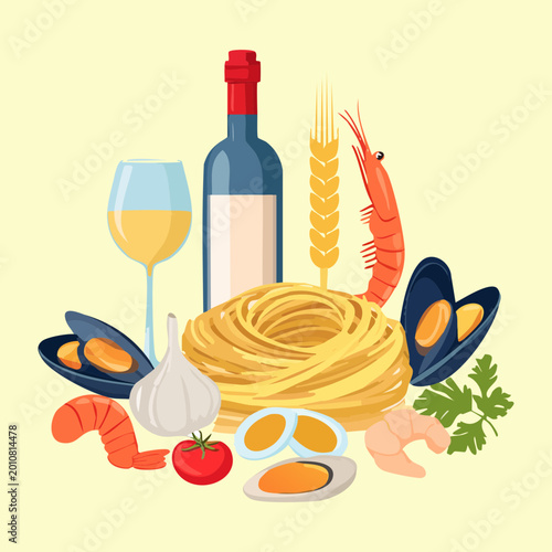 Delicious Italian pasta dish with white wine bottle seafood prawns mussels tomatoes and elegant Mediterranean culinary layout - Vector Illustration
