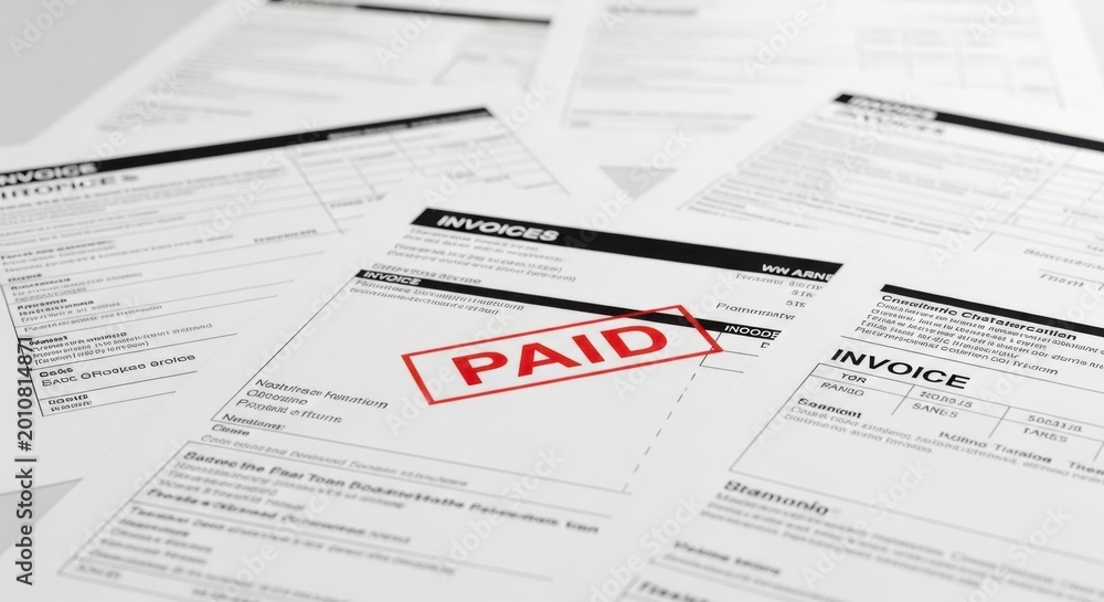 Obraz premium Stack of invoices with a red paid stamp on top