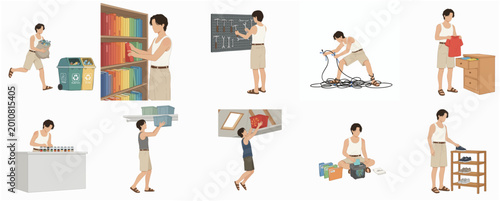 Bild auf Leinwand Diverse Human Actions Depicting Organization Tasks, Storage Solutions, and Daily