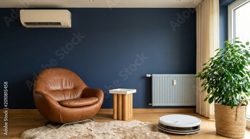 Modern smart home living room interior design with air conditioner, robot vacuum cleaner, and cozy leather chair for comfortable lifestyle- 3D rendering