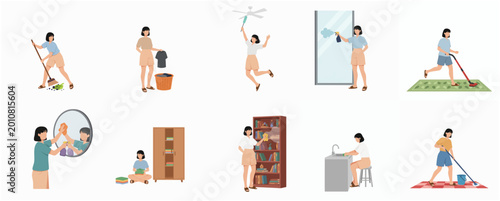 Bild auf Leinwand Diverse Housekeeping Activities Performed by a Female Character in Flat Design S