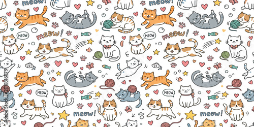 Cute Cat Seamless Pattern Featuring Playful Kittens Yarn Balls Fish Hearts and Meow Text in Cartoon Style for Fabric Textile Wrapping Paper and Background Design