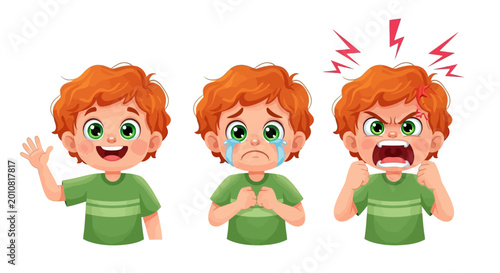 Foto Emotion icons, cartoon boy faces, expressive emoticons, green shirt, 3 vector ch