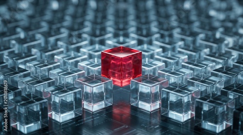 Red cube anomaly among uniform transparent cubes in a digital grid for outlier identification.