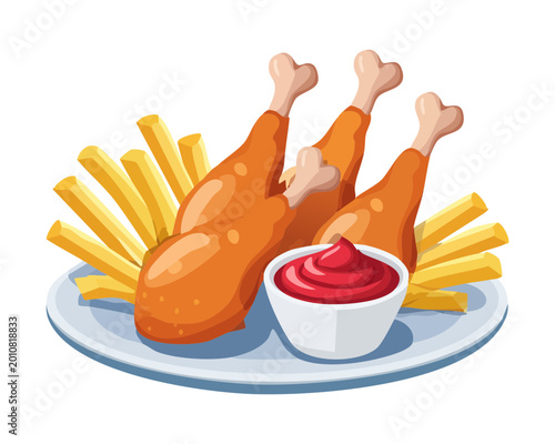 Delicious looking crispy golden fried chicken drumsticks with french fries number 97 - Vector Illustration
