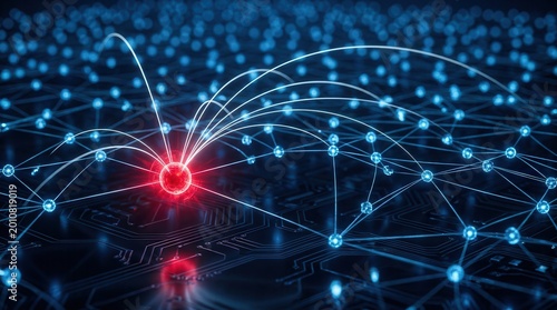 A digital ledger node is highlighted on a blue data grid with connecting arcs for fraud detection.