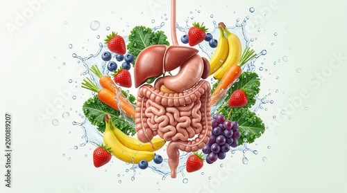 An illustration of human digestive organs surrounded by various fruits and vegetables for detox concept.