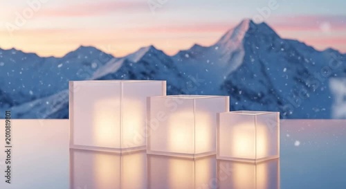 Three glowing translucent cube lights reflecting on a surface with snowy mountains and falling snow at twilight
