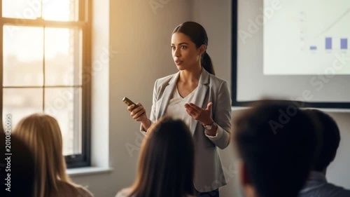 Professional woman leads a dynamic corporate presentation for her team during this educational motion video animation clip