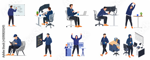 Software Developer Character Set, Male Programmer Working at Office Desk, Coding, Meeting and Stretching Vector Illustrations