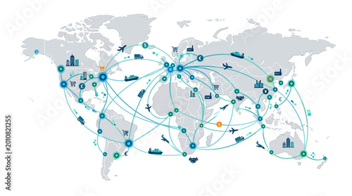 Global business network connections on a world map with lines and nodes representing international partnerships and data exchange.