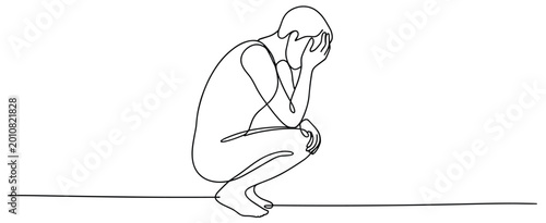 Fotografia Single line of a person crouching with head in hands one line person despair sad