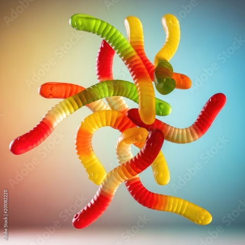A vibrant pile of colorful gummy worms in a playful arrangement.