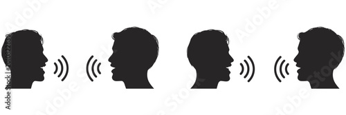 Photos Four black silhouette profiles of men speaking with sound waves emanating from t