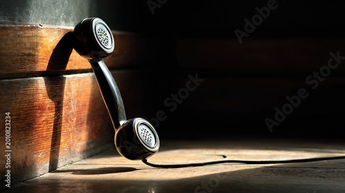 handset. Vintage telephone handset dangling from table, dramatic side lighting. product launch decks, UI/UX mockups, designed for product launches and innovation pitches.