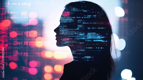 biometric. Abstract human silhouette with glowing AI fitness data streams, symbolizing algorithmic health analysis. product launch decks.