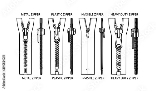 Foto Zipper Styles Technical Vector Illustration Black and White CAD Inspired Drawing