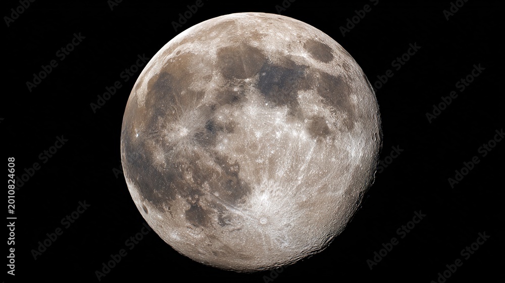 Obraz premium phase. A high-resolution full moon isolated against dark space, showcasing detailed lunar surface under dramatic lighting. STEM education sheets.