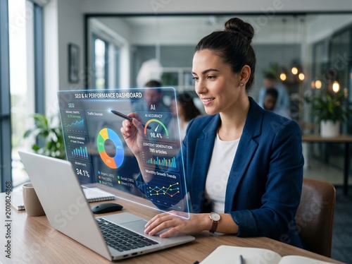 Business Woman applying AI technology and analytics for digital marketing, SEO analytics and advertising, data driven strategy, campaign optimization, smart dashboard and promotion performance chart.