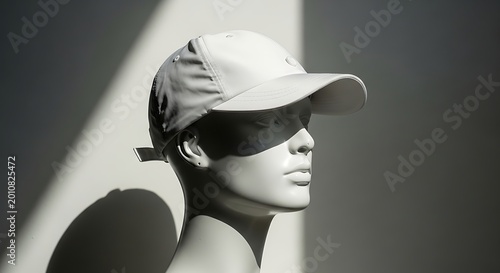 Mannequin head wearing a white baseball cap on a gray background