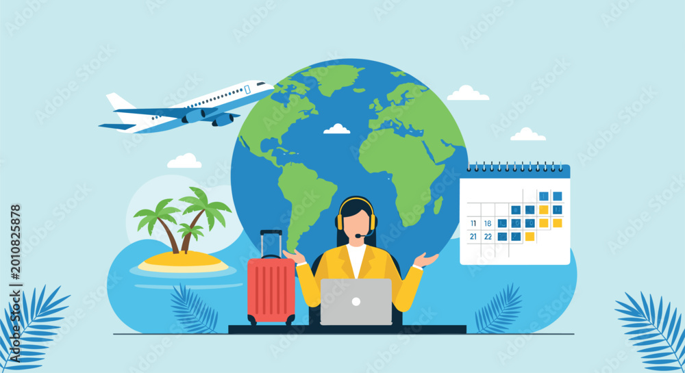 Fototapeta premium Travel Agency and Vacation Planning Vector Illustration Featuring Global Tourism Flight Booking and Holiday Destination Concepts