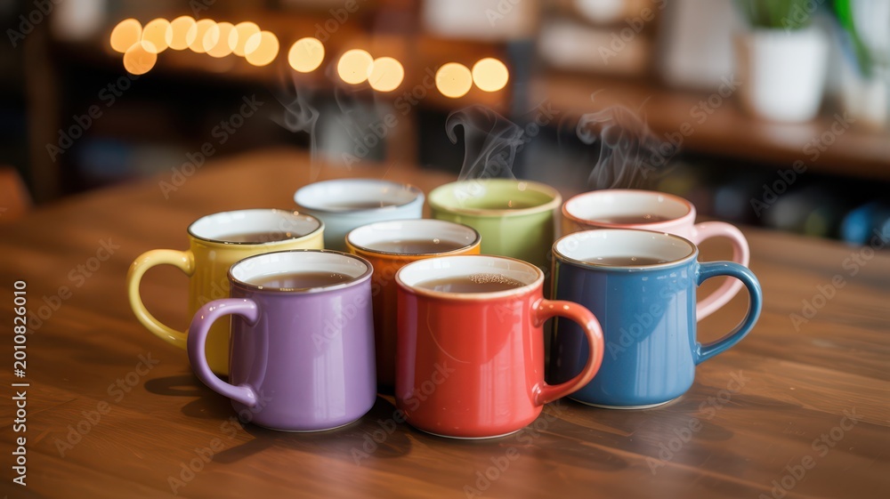 Fototapeta premium Group of colorful ceramic mugs filled with steaming hot tea or coffee on a wooden table