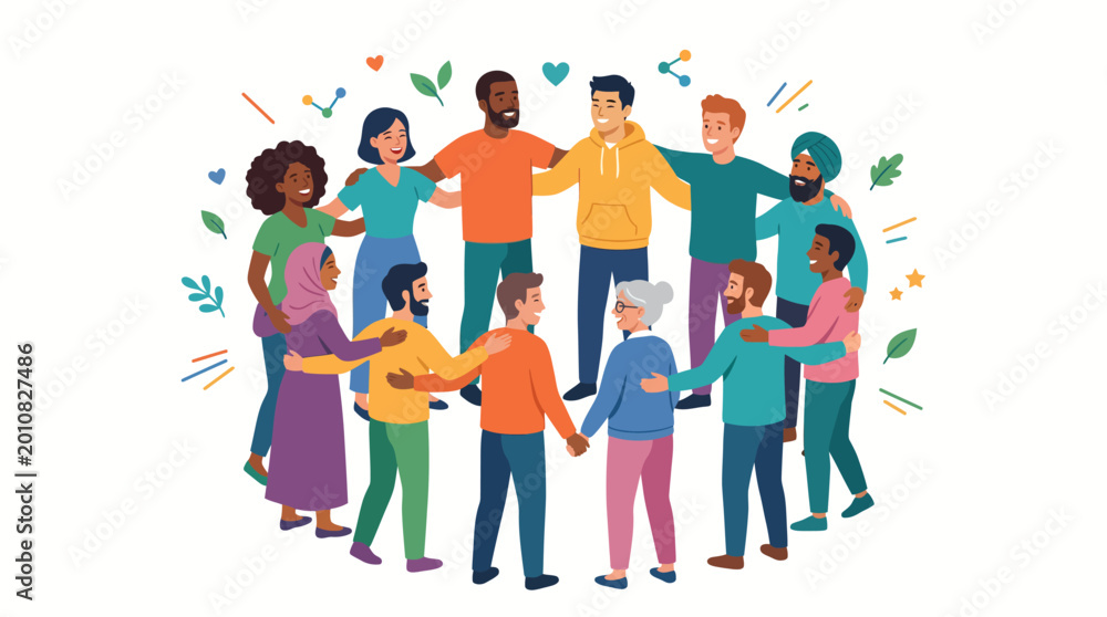 Fototapeta premium Diverse group of people joining hands in a circle conveying support and unity with colorful illustrations and a joyful mood on a white background.