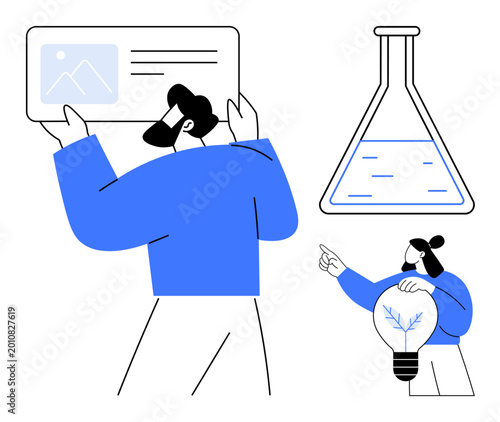 Innovation, teamwork, education, science, technology, creativity. A man holding a digital display, a woman pointing with a bulb containing a tree and a flask with liquid. Innovation and science
