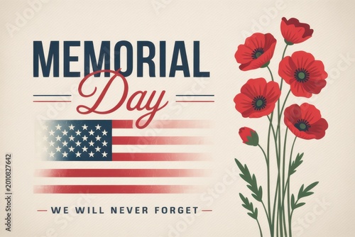 Memorial day poster with red poppy flowers and american flag
