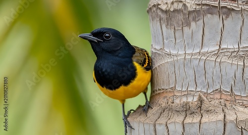 Turpial Oriole Perched on a Palm Tree Trunk in Natural Habitat.