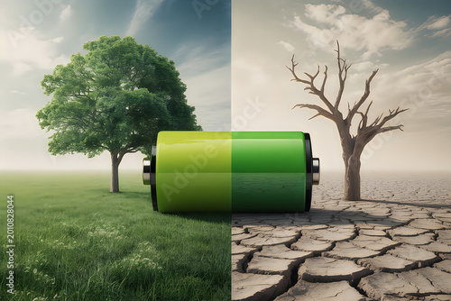 Split screen concept of a green battery between lush nature and cracked dry earth