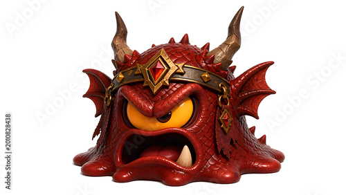 A grumpy green ogre slime monster warrior in a 3D cartoon style. Wearing a leather headband with a skull icon, small horns, and a single earring. Perfect for mobile game characters and mascots.
