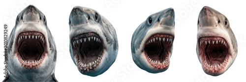 Quadro su tela Set of Great White Sharks with Open Jaws Isolated on White Background, PNG
