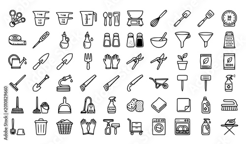 Fotografie Kitchen gardening cleaning icons vector minimal outline tool pack