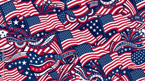 Seamless USA patriotic collage pattern with American flags, stars and freedom ribbons for Fourth of July celebration design