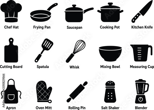 Cooking Tools Solid Black Icon Set