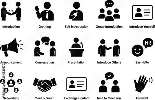 Introduction and Networking Solid Black Icon Set