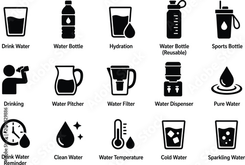 Drinking Water Solid Black Icon Set
